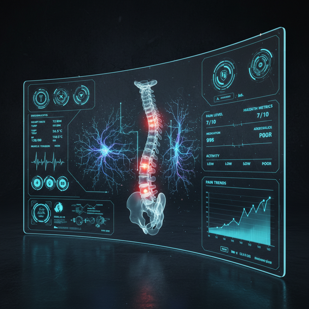 Futuristic digital health monitoring dashboard showing spine anatomy, neural pathways, and patient biometric data at NYC Pain Management Clinic