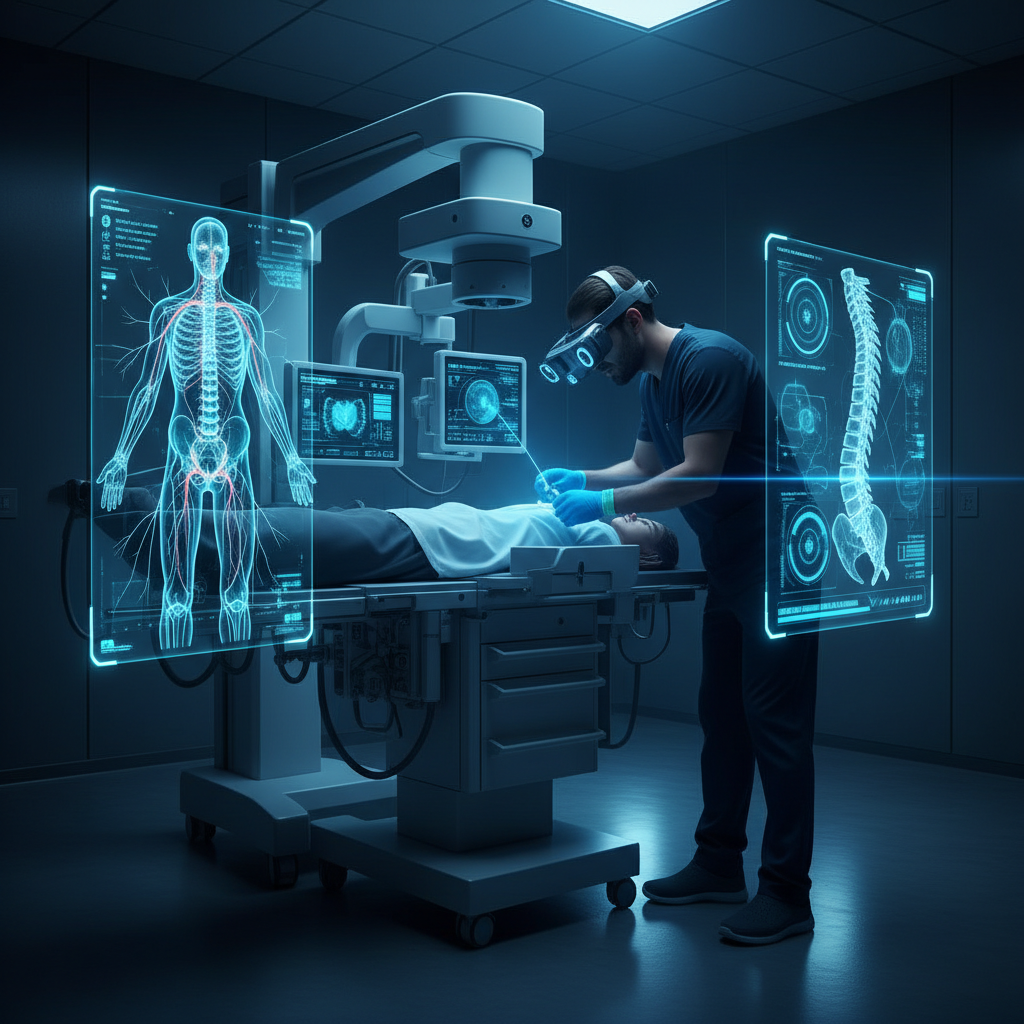 Futuristic fluoroscopy-guided epidural steroid injection procedure with holographic spine overlays
